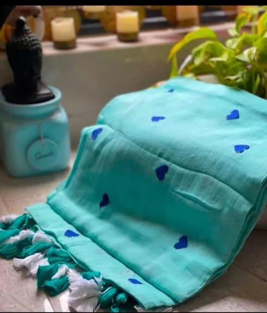 Blue With Teal Heart Embroidered Soft Khadi Cotton Saree for Women, Party, Wedding, Bridal